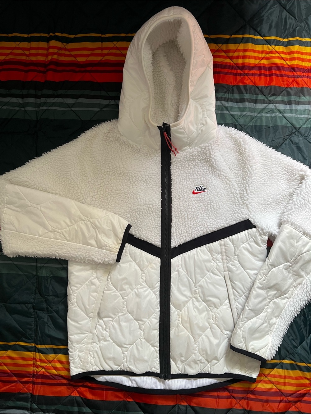Nike White Sherpa Quilted Hooded Jacket with Black Trim